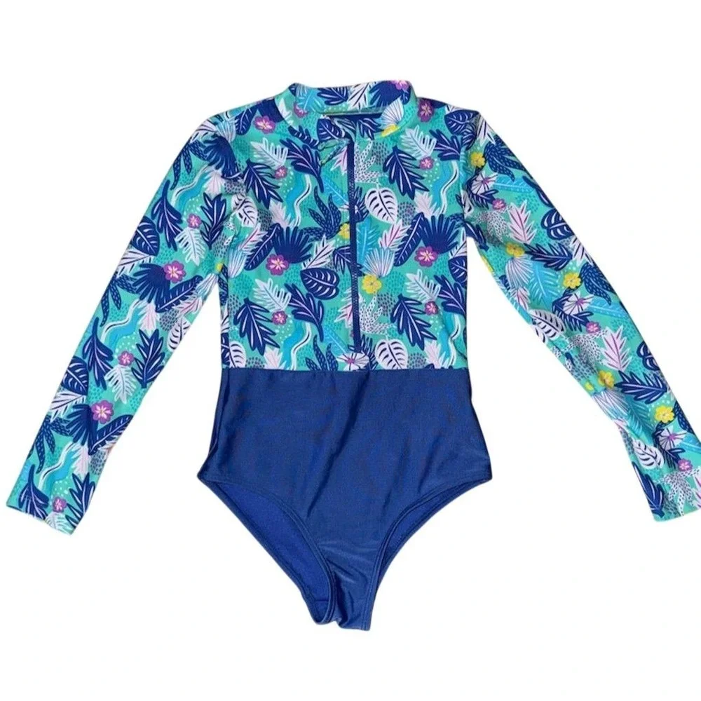 Wave Zone Girls' Tropical Floral L/S One Piece Swimsuit 7-8Y resort‎ vacation